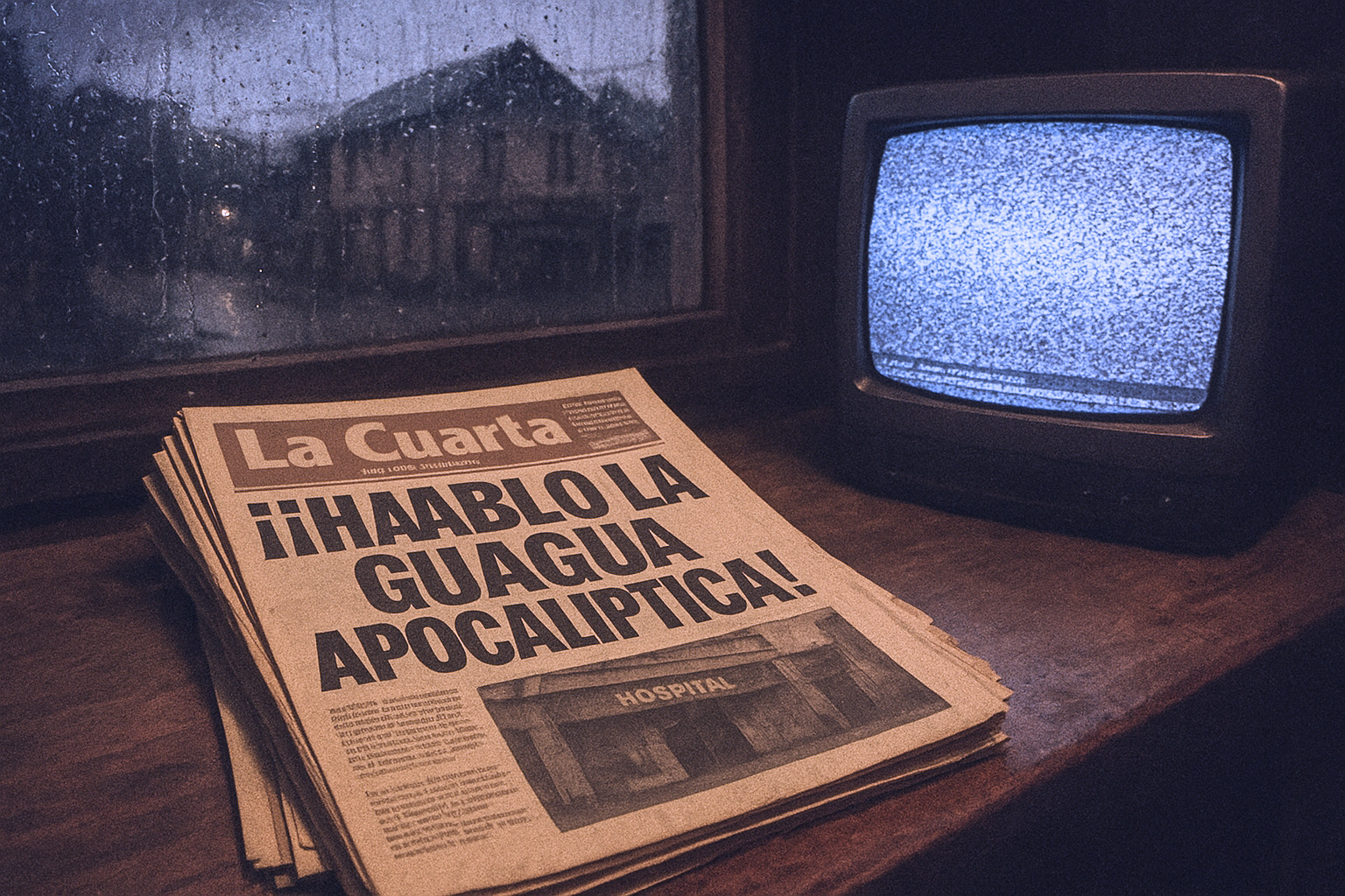 Montaje artístico de diarios sensacionalistas chilenos del año 2002 con titulares sobre la Guagua Apocalíptica sobre una mesa antigua con poca luz.